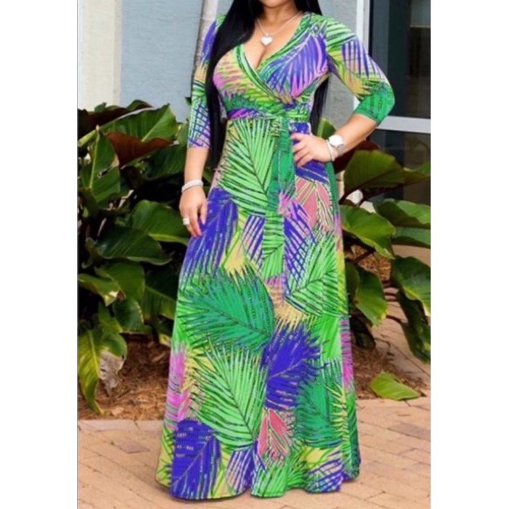 Tropical Print Faux Wrap Maxi Dress
